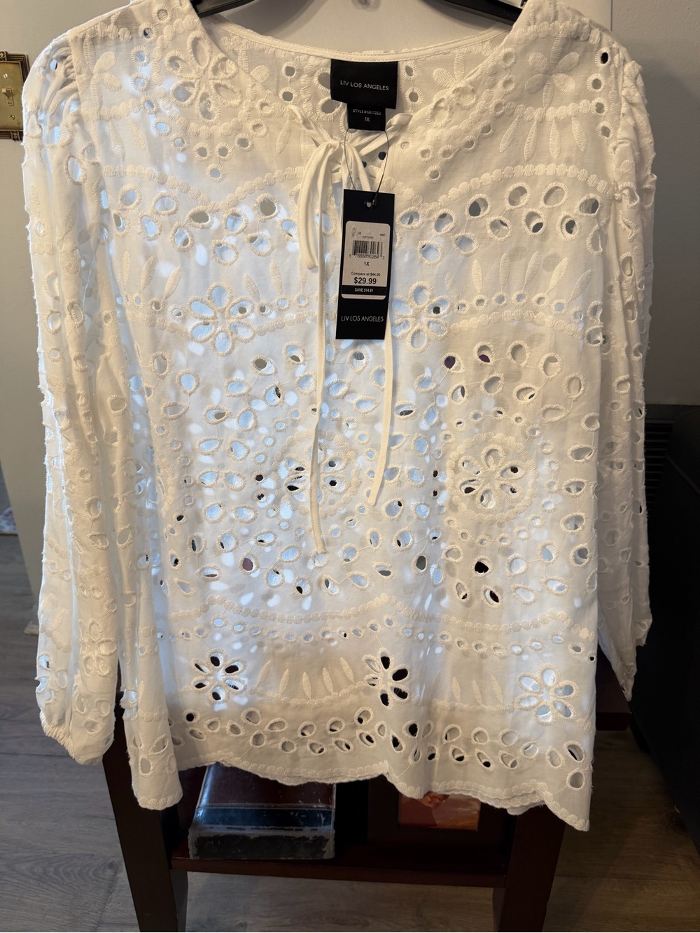 LIV LOS ANGELES White Eyelet Tie-Neck Women's Top